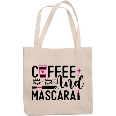 12oz Canvas Tote Bag - Girly Coffee & Mascara with Travel Cup, Eyelashes, Lash Comb & Lipstick Design - Beauty Themed Merch for Makeup Artist or Cosmetologist, Gift for Makeup Lovers & Beauticians