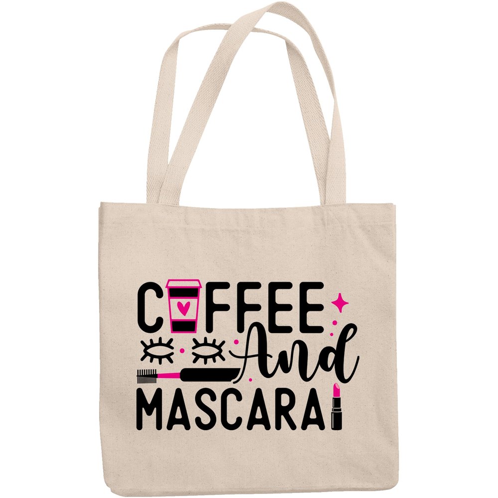 12oz Canvas Tote Bag - Girly Coffee & Mascara with Travel Cup, Eyelashes, Lash Comb & Lipstick Design - Beauty Themed Merch for Makeup Artist or Cosmetologist, Gift for Makeup Lovers & Beauticians
