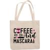12oz Canvas Tote Bag - Girly Coffee & Mascara with Travel Cup, Eyelashes, Lash Comb & Lipstick Design - Beauty Themed Merch for Makeup Artist or Cosmetologist, Gift for Makeup Lovers & Beauticians view 1
