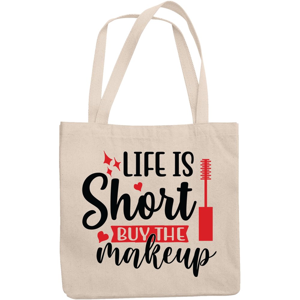 12oz Canvas Tote Bag - Life Is Short, Buy the Makeup with Hearts & Mascara Brush Design - Beauty Themed Merch for Makeup Artist or Cosmetologist, Gift for Makeup Lovers & Beauticians