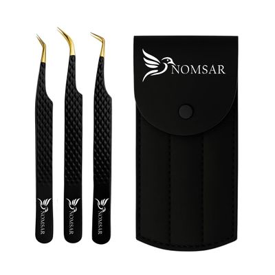 NOMSAR Eyelash Extensions Tweezers, Set of 3 - Stainless Steel with Diamond Grip for Volume lash Extension - Fiber Tip Tweezers for Multipurpose & Application (Black)