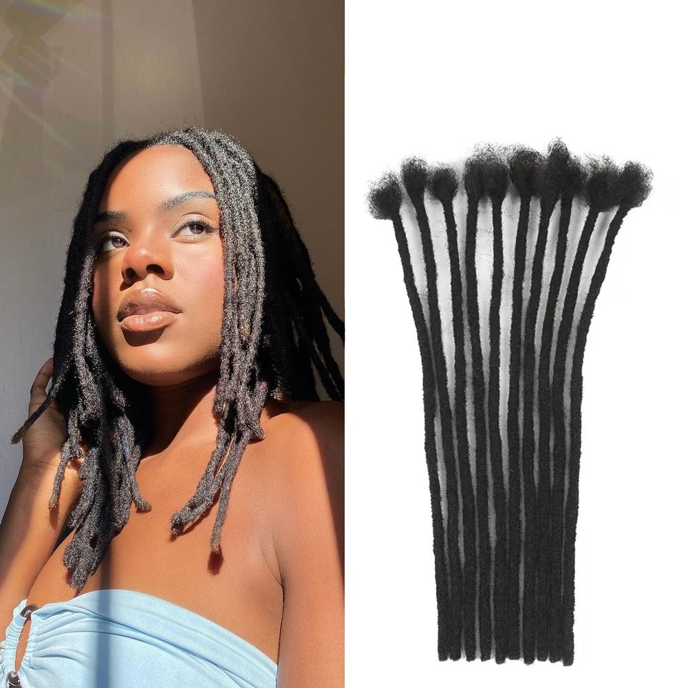 0.4cm Width 8Inch 10 Strands Dreadlock Extensions Real Human Hair 100% Handmade Permanent Loc Extensions Human Hair for Women/Men Can Be Curled and Bleached(width 0.4cm #1B color)