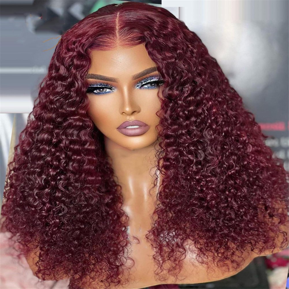 Azedssw Women Lace Front Wig Deep Curly Human Hair Wig Deep Wave Burgundy Colored Curly Wig Burgundy 10Inch 13x6 HD 150Density