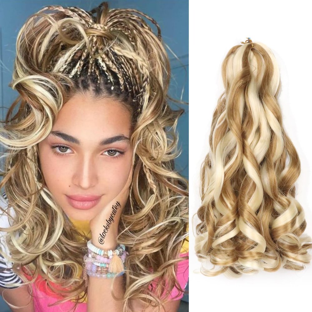 French Curls Braiding Hair Pre Stretched Ginger Curly Braiding Hair 14 Inch 8 Packs French Curl Braids Crochet Hair Spanish Curl Hair for Box Braids Hair Extensions(14 Inch, Blonde and Beige)