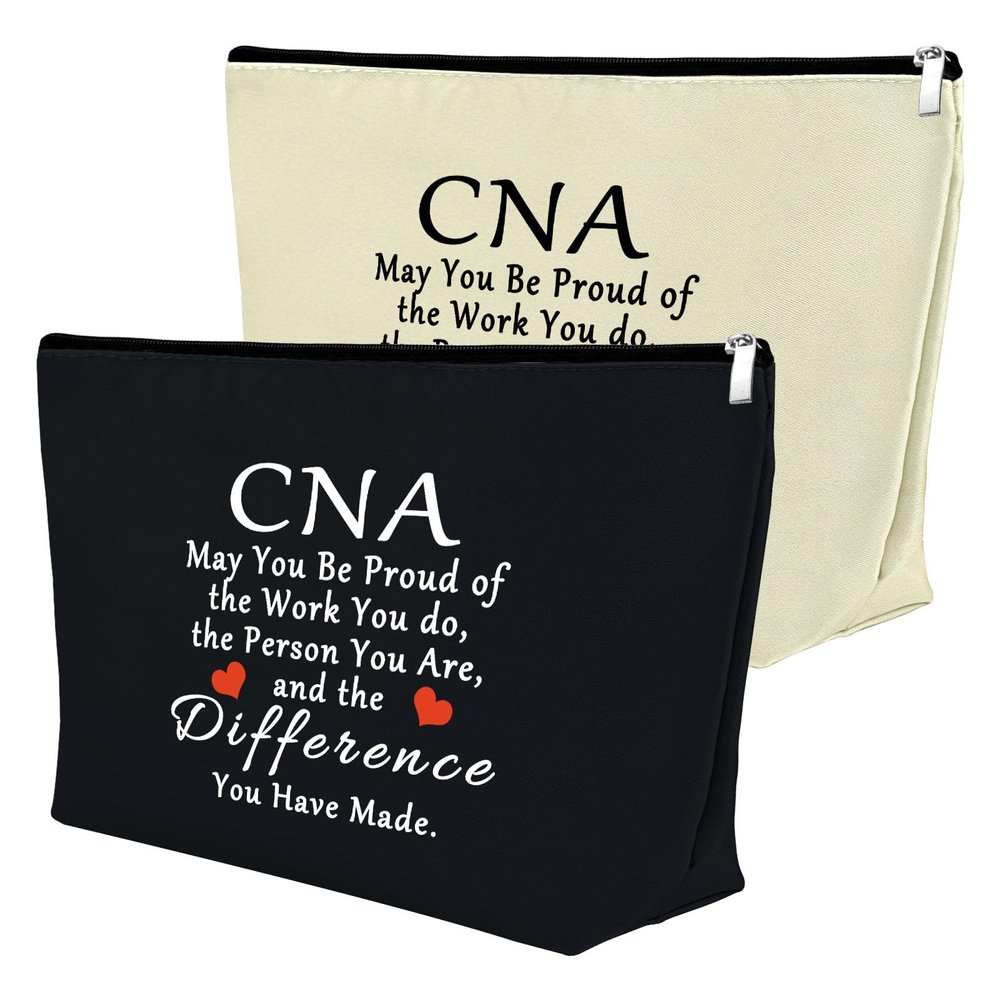 2Pcs CNA Week Gifts Makeup Bags - CNA Appreciation Gifts for Certified Nursing Assistant - Cosmetic Bag for Certified Nurses Day, Medical Student Graduation, Retirement, Birthday (Black,Beige)