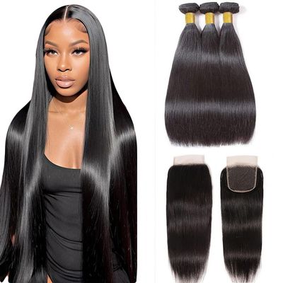 10A Straight Bundles with Closure 22 24 26 with 20 Inch Human Hair Bundles with Closure 100% Unprocessed Brazilian Virgin Human Hair Weave with Closure HD Lace