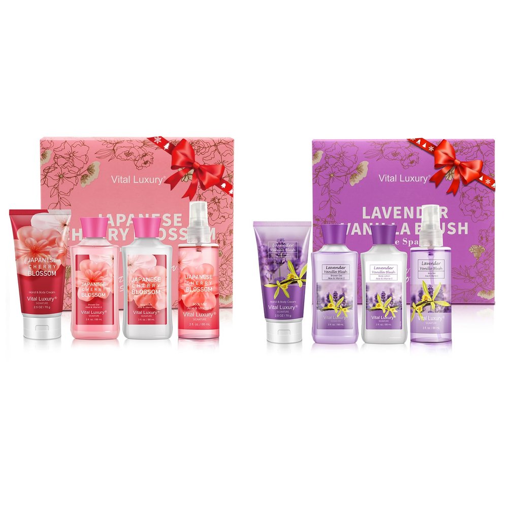 Vital Luxury Bath & Body Kit: Japanese Cherry Blossoms + Lavender Vanilla Blush Scented Spa Set - Ideal Skincare Gift, Includes Lotion, Gel, Cream, Mist - Halloween, Christmas Gifts for Her and Him