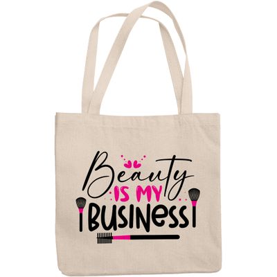 12oz Canvas Tote Bag - Beauty Is My Business with Eyelash & Eyebrow Comb & Powder Brushes Design - Beauty Themed Merch for Makeup Artist or Cosmetologist, Gift for Makeup Lovers & Beauticians