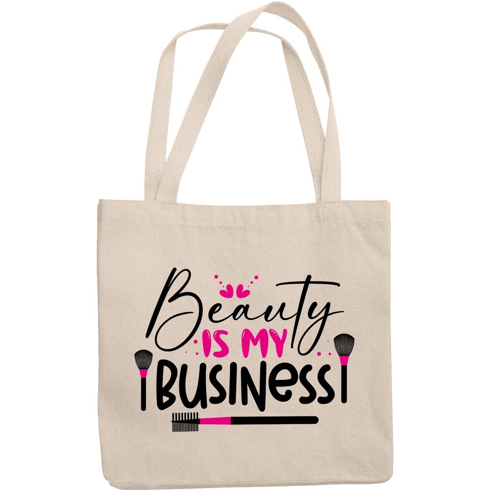 12oz Canvas Tote Bag - Beauty Is My Business with Eyelash & Eyebrow Comb & Powder Brushes Design - Beauty Themed Merch for Makeup Artist or Cosmetologist, Gift for Makeup Lovers & Beauticians