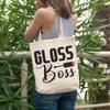 12oz Canvas Tote Bag - Gloss Boss, Name for Lip Gloss Lovers or Enthusiasts - Beauty Themed Merch for Makeup Artist or Cosmetologist, Gift for Makeup Lovers & Beauticians view 2
