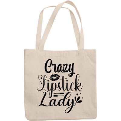 12oz Canvas Tote Bag - Crazy Lipstick Lady with Liquid Lipstick Applicator & Smooch Design - Beauty Themed Merch for Makeup Artist or Cosmetologist, Gift for Makeup Lovers & Beauticians