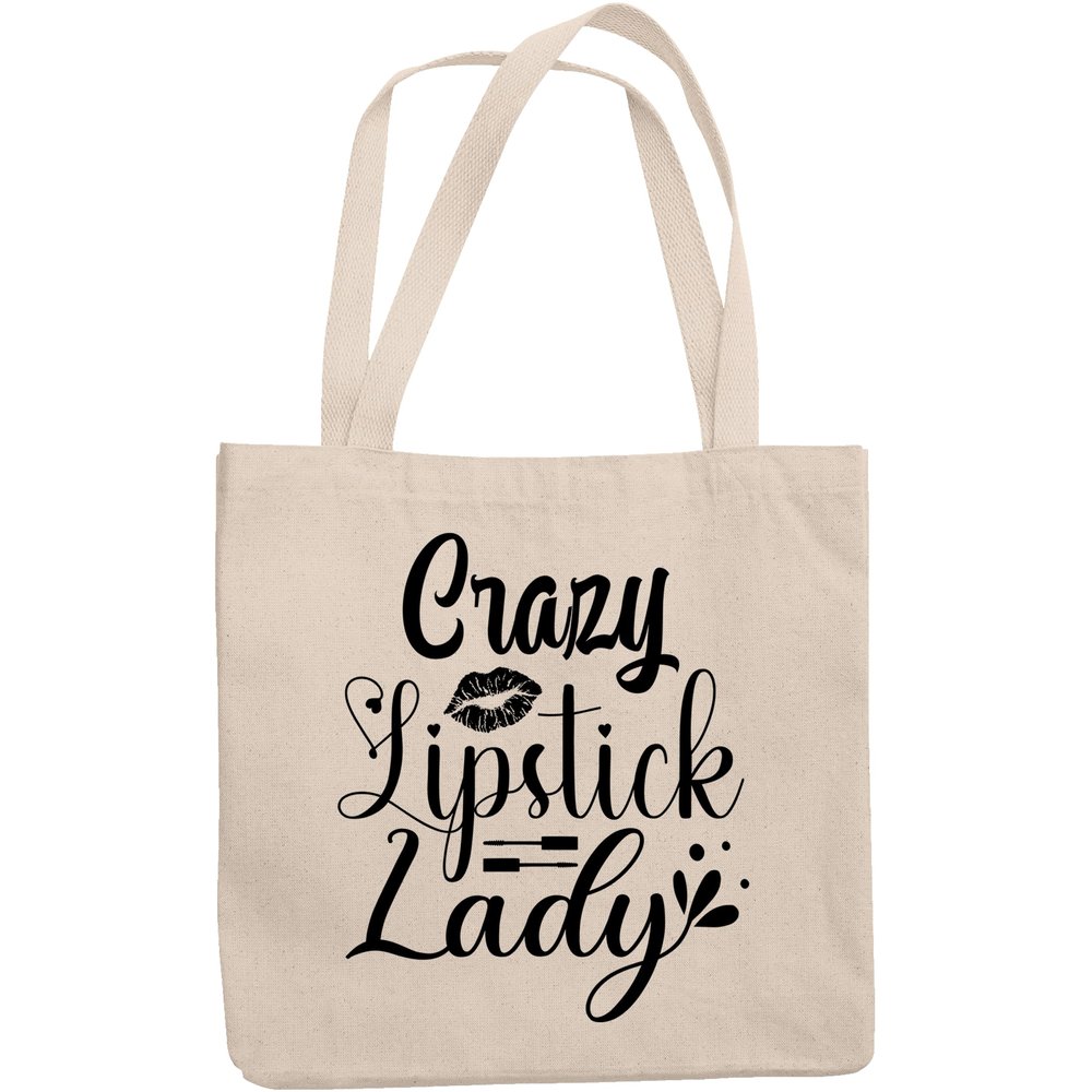 12oz Canvas Tote Bag - Crazy Lipstick Lady with Liquid Lipstick Applicator & Smooch Design - Beauty Themed Merch for Makeup Artist or Cosmetologist, Gift for Makeup Lovers & Beauticians