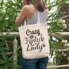 12oz Canvas Tote Bag - Crazy Lipstick Lady with Liquid Lipstick Applicator & Smooch Design - Beauty Themed Merch for Makeup Artist or Cosmetologist, Gift for Makeup Lovers & Beauticians view 2