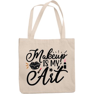 12oz Canvas Tote Bag - Makeup Is My Art with Lips, Mascara Brush, & Red & Pink Lipsticks Design - Beauty Themed Merch for Makeup Artist or Cosmetologist, Gift for Makeup Lovers & Beauticians