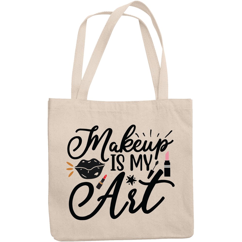 12oz Canvas Tote Bag - Makeup Is My Art with Lips, Mascara Brush, & Red & Pink Lipsticks Design - Beauty Themed Merch for Makeup Artist or Cosmetologist, Gift for Makeup Lovers & Beauticians