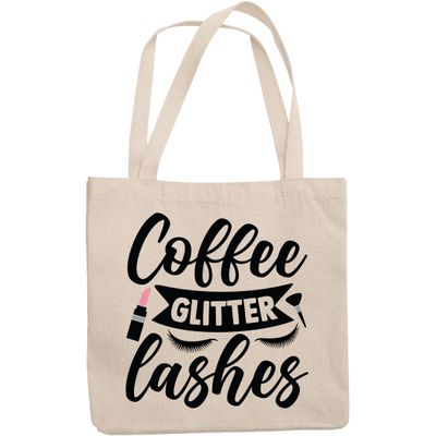 12oz Canvas Tote Bag - Coffee, Glitter, Lashes with Eyelashes, Pink Lipstick & Brush Design - Beauty Themed Merch for Makeup Artist or Cosmetologist, Gift for Makeup Lovers & Beauticians