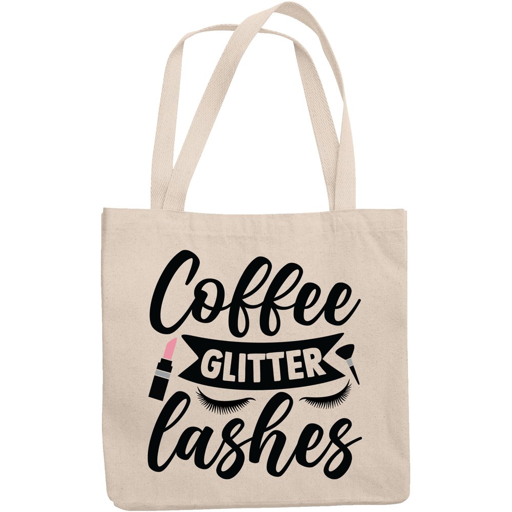 12oz Canvas Tote Bag - Coffee, Glitter, Lashes with Eyelashes, Pink Lipstick & Brush Design - Beauty Themed Merch for Makeup Artist or Cosmetologist, Gift for Makeup Lovers & Beauticians