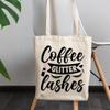 12oz Canvas Tote Bag - Coffee, Glitter, Lashes with Eyelashes, Pink Lipstick & Brush Design - Beauty Themed Merch for Makeup Artist or Cosmetologist, Gift for Makeup Lovers & Beauticians view 3