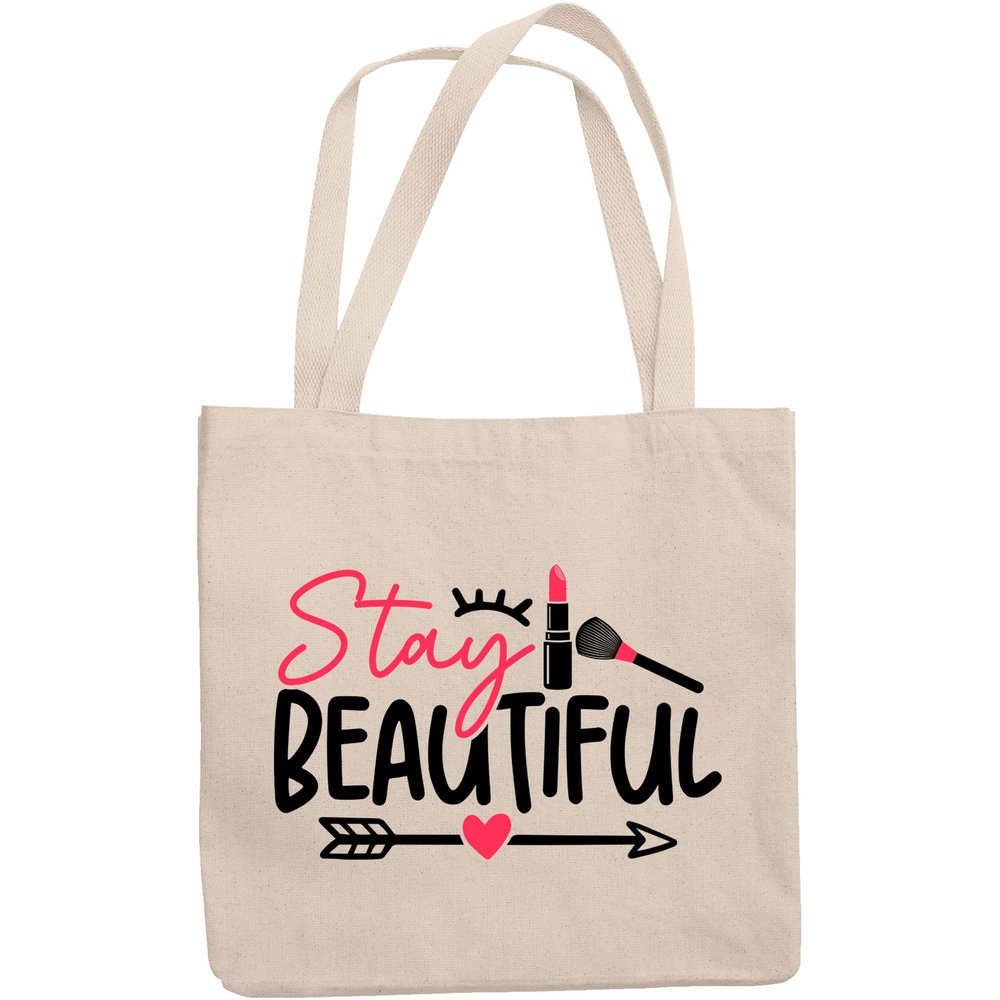 12oz Canvas Tote Bag - Girly Stay Beautiful Quote with Eyelash, Lipstick, Brush, Heart & Arrow Design - Beauty Themed Merch for Makeup Artist or Cosmetologist, Gift for Makeup Lovers & Beauticians