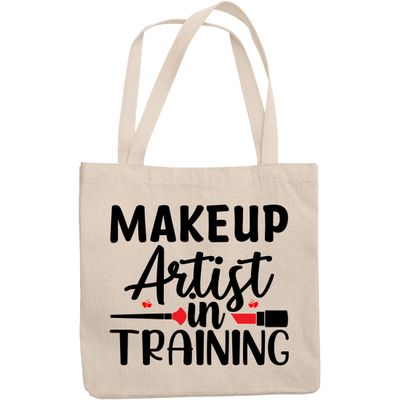 12oz Canvas Tote Bag - Makeup Artist in Training with Fan Brush & Red Lipstick Design - Beauty Themed Merch for Makeup Artist or Cosmetologist, Gift for Makeup Lovers & Beauticians