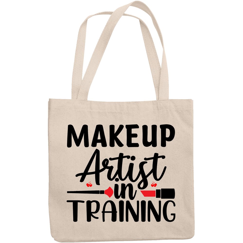 12oz Canvas Tote Bag - Makeup Artist in Training with Fan Brush & Red Lipstick Design - Beauty Themed Merch for Makeup Artist or Cosmetologist, Gift for Makeup Lovers & Beauticians