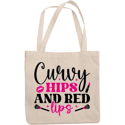 12oz Canvas Tote Bag - Curvy Hips and Red Lips with Lipstick, Smooch & Powder Brushes Design - Beauty Themed Merch for Makeup Artist or Cosmetologist, Gift for Makeup Lovers & Beauticians