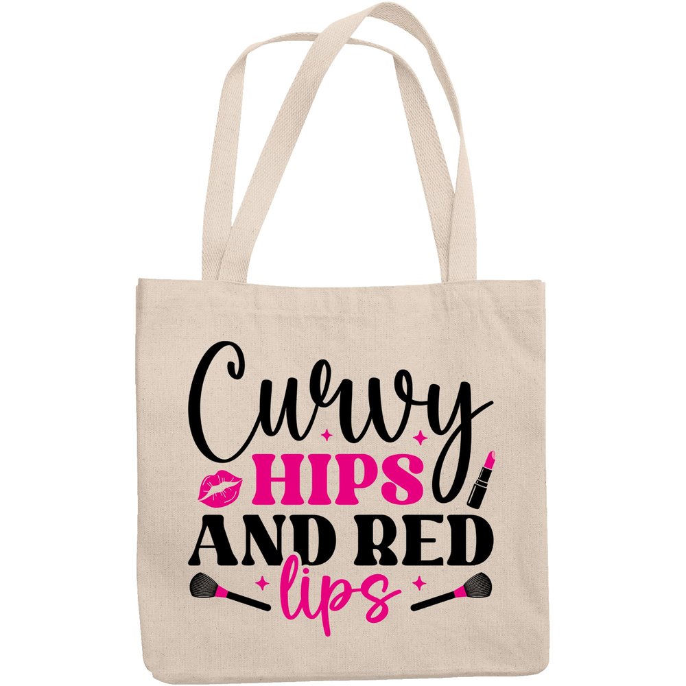 12oz Canvas Tote Bag - Curvy Hips and Red Lips with Lipstick, Smooch & Powder Brushes Design - Beauty Themed Merch for Makeup Artist or Cosmetologist, Gift for Makeup Lovers & Beauticians