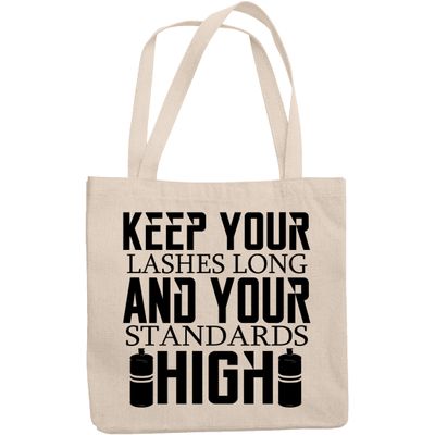 12oz Canvas Tote Bag - Keep Your Lashes Long and Your Standards High, Eyelashes Lover Quote - Beauty Themed Merch for Makeup Artist or Cosmetologist, Gift for Makeup Lovers & Beauticians
