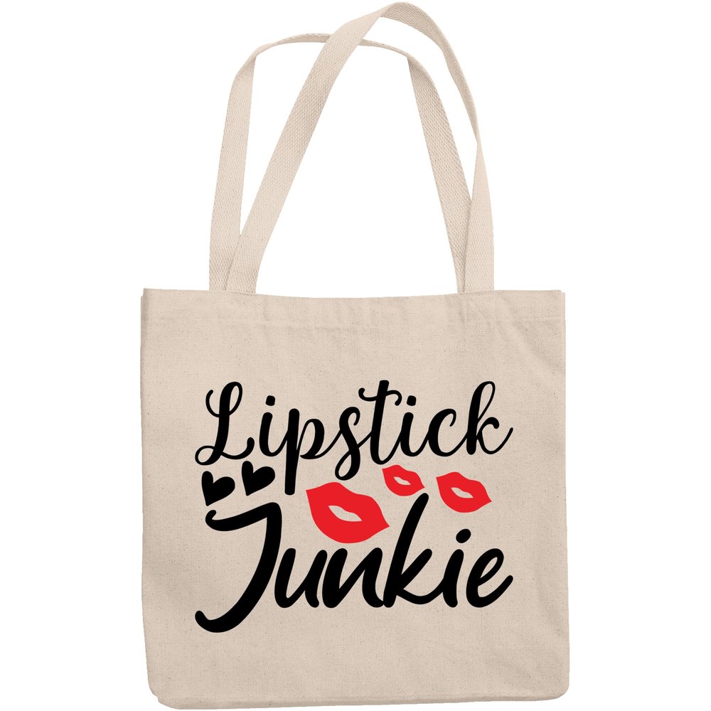 12oz Canvas Tote Bag - Lipstick Junkie with Red Lips and Hearts Design - Beauty Themed Merch for Makeup Artist or Cosmetologist, Gift for Makeup Lovers & Beauticians