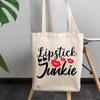 12oz Canvas Tote Bag - Lipstick Junkie with Red Lips and Hearts Design - Beauty Themed Merch for Makeup Artist or Cosmetologist, Gift for Makeup Lovers & Beauticians view 3