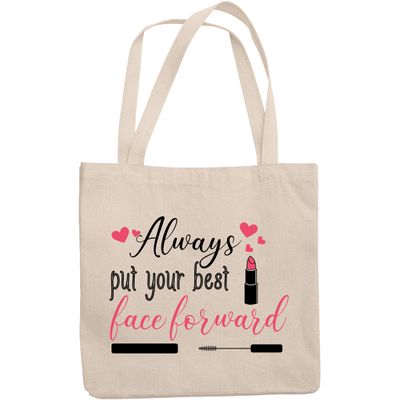 12oz Canvas Tote Bag - Cute Always Put Your Best Face Forward w/Lipstick, Mascara Brush & Hearts Design - Beauty Themed Merch for Makeup Artist or Cosmetologist, Gift for Makeup Lovers & Beauticians