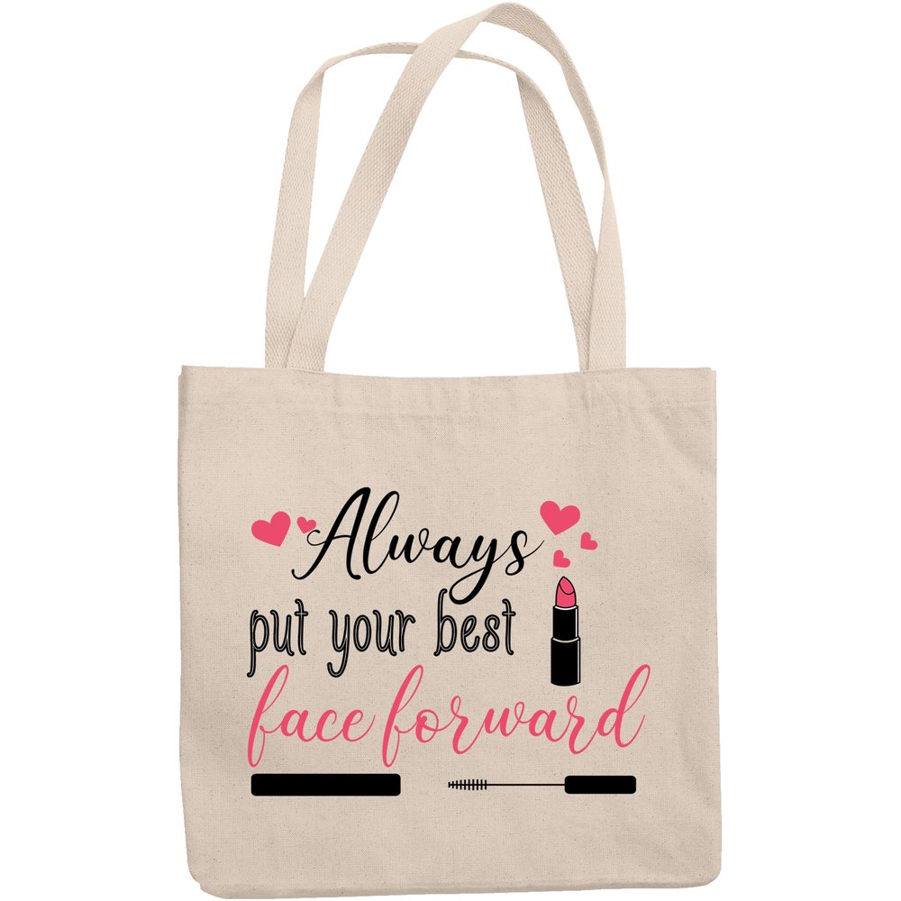 12oz Canvas Tote Bag - Cute Always Put Your Best Face Forward w/Lipstick, Mascara Brush & Hearts Design - Beauty Themed Merch for Makeup Artist or Cosmetologist, Gift for Makeup Lovers & Beauticians