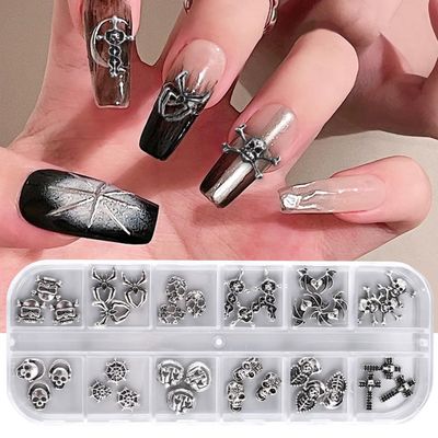 CEWEWP 36 PCS Halloween Nail Charms - 12 Styles, Silver, Skull Shape, Alloy, Ancient Silver Metal, Nail Decor