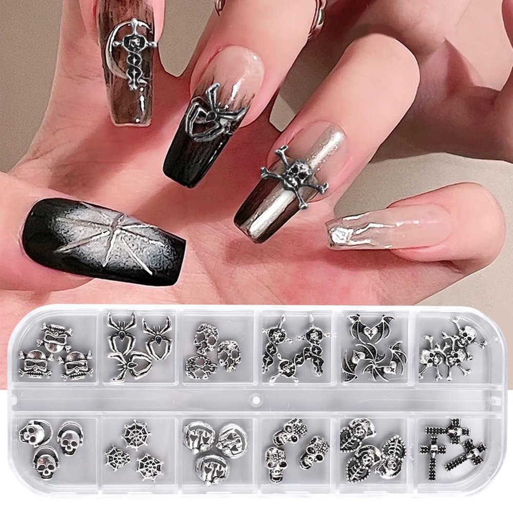 CEWEWP 36 PCS Halloween Nail Charms - 12 Styles, Silver, Skull Shape, Alloy, Ancient Silver Metal, Nail Decor