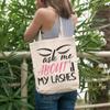12oz Canvas Tote Bag - Ask Me About My Lashes Quote with Eyelashes & Mascara Design - Beauty Themed Merch for Makeup Artist or Cosmetologist, Gift for Makeup Lovers & Beauticians view 2