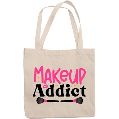 12oz Canvas Tote Bag - Makeup Addict with Lips & Powder Brushes Design - Beauty Themed Merch for Makeup Artist or Cosmetologist, Gift for Makeup Lovers & Beauticians