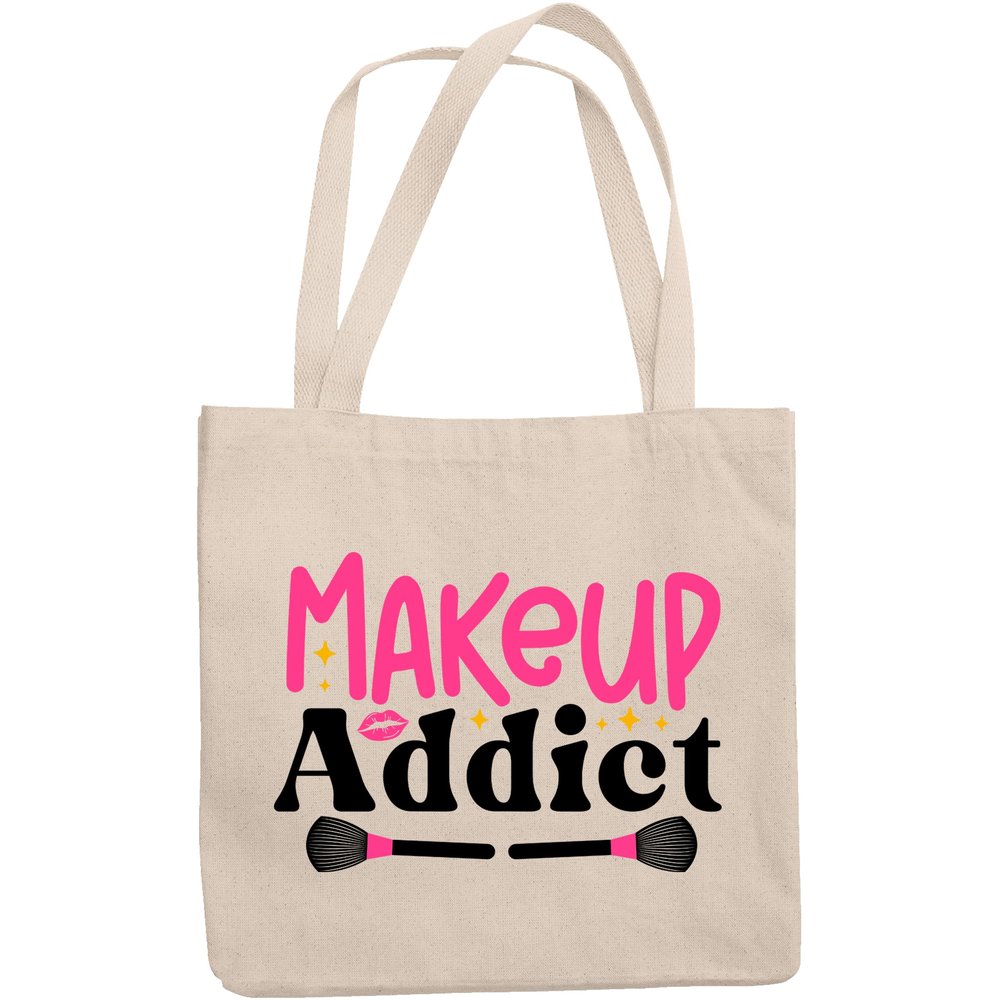 12oz Canvas Tote Bag - Makeup Addict with Lips & Powder Brushes Design - Beauty Themed Merch for Makeup Artist or Cosmetologist, Gift for Makeup Lovers & Beauticians