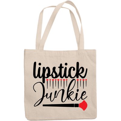 12oz Canvas Tote Bag - Lipstick Junkie, Quote About Love for Lipsticks - Beauty Themed Merch for Makeup Artist or Cosmetologist, Gift for Makeup Lovers & Beauticians