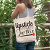 12oz Canvas Tote Bag - Lipstick Junkie, Quote About Love for Lipsticks - Beauty Themed Merch for Makeup Artist or Cosmetologist, Gift for Makeup Lovers & Beauticians view 2