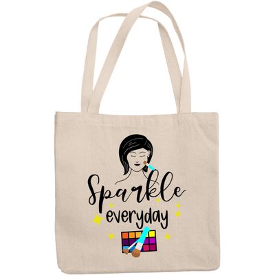 12oz Canvas Tote Bag - Sparkle Everyday with Eyeshadow Palette, Brushes & Woman Design - Beauty Themed Merch for Makeup Artist or Cosmetologist, Gift for Makeup Lovers & Beauticians