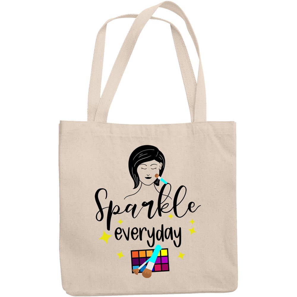 12oz Canvas Tote Bag - Sparkle Everyday with Eyeshadow Palette, Brushes & Woman Design - Beauty Themed Merch for Makeup Artist or Cosmetologist, Gift for Makeup Lovers & Beauticians