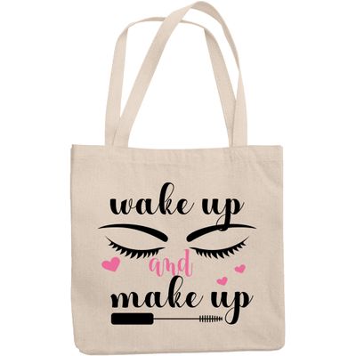 12oz Canvas Tote Bag - Wake Up & Make Up with Eyebrows, Eyelashes & Mascara Applicator Design - Beauty Themed Merch for Makeup Artist or Cosmetologist, Gift for Makeup Lovers & Beauticians