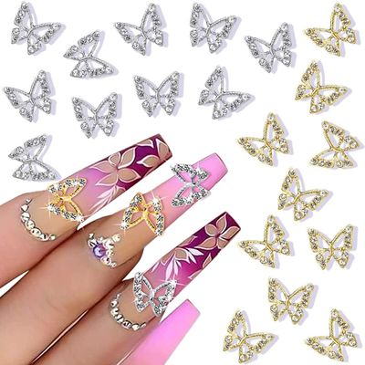 20Pcs Alloy Butterfly Nail Charms,3D Gold Silver Metal Butterfly Nail Gems Nail Rhinestones Shiny Crystal Nail Art Charms,Nail Decoration for Nails DIY Manicure Jewelry Accessories Women Nail Supplies