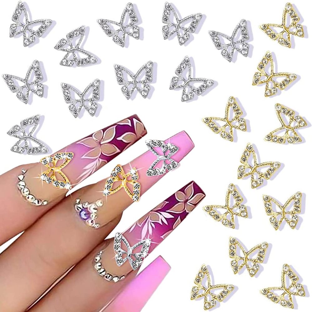 20Pcs Alloy Butterfly Nail Charms,3D Gold Silver Metal Butterfly Nail Gems Nail Rhinestones Shiny Crystal Nail Art Charms,Nail Decoration for Nails DIY Manicure Jewelry Accessories Women Nail Supplies