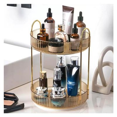 360 Rotating Makeup Organizer, Bathroom Makeup Carousel Spinning Holder Rack Light Luxury Cosmetics Storage Box Large Capacity Cosmetics Storage Vanity Shelf Countertop ( Color : Gold , Size : 2 laye
