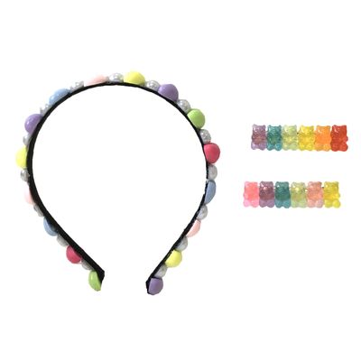 Fashion Culture Pastel Hearts & Candy Bear Hair Accessory Set: 2 Cute Headbands & 2 Adorable Barrettes, Multicolored Girls' Hair Clips