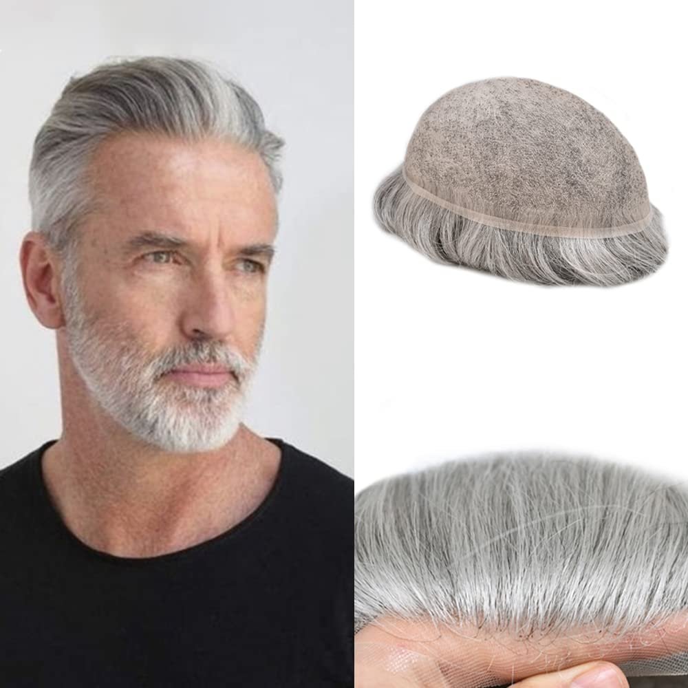 Toupee For Men Hair Piece Real Human Hair Soft Swiss Lace Front Mens Toupee Hair System For Men Protesis Capilar Para Hombre (8x10''-100% light to medium density, 1B90 1B# OFF BLACK+90% GREY)