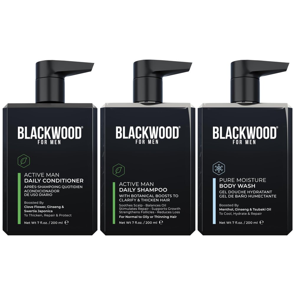 Blackwood For Men Active Man Daily Shampoo (7 Oz), Conditioner (7 Oz), & Pure Moisture Body Wash (7 Oz) Bundle - Men's Thickening Formula for Hair Loss & Dandruff - Sulfate, Paraben, & Cruelty Free