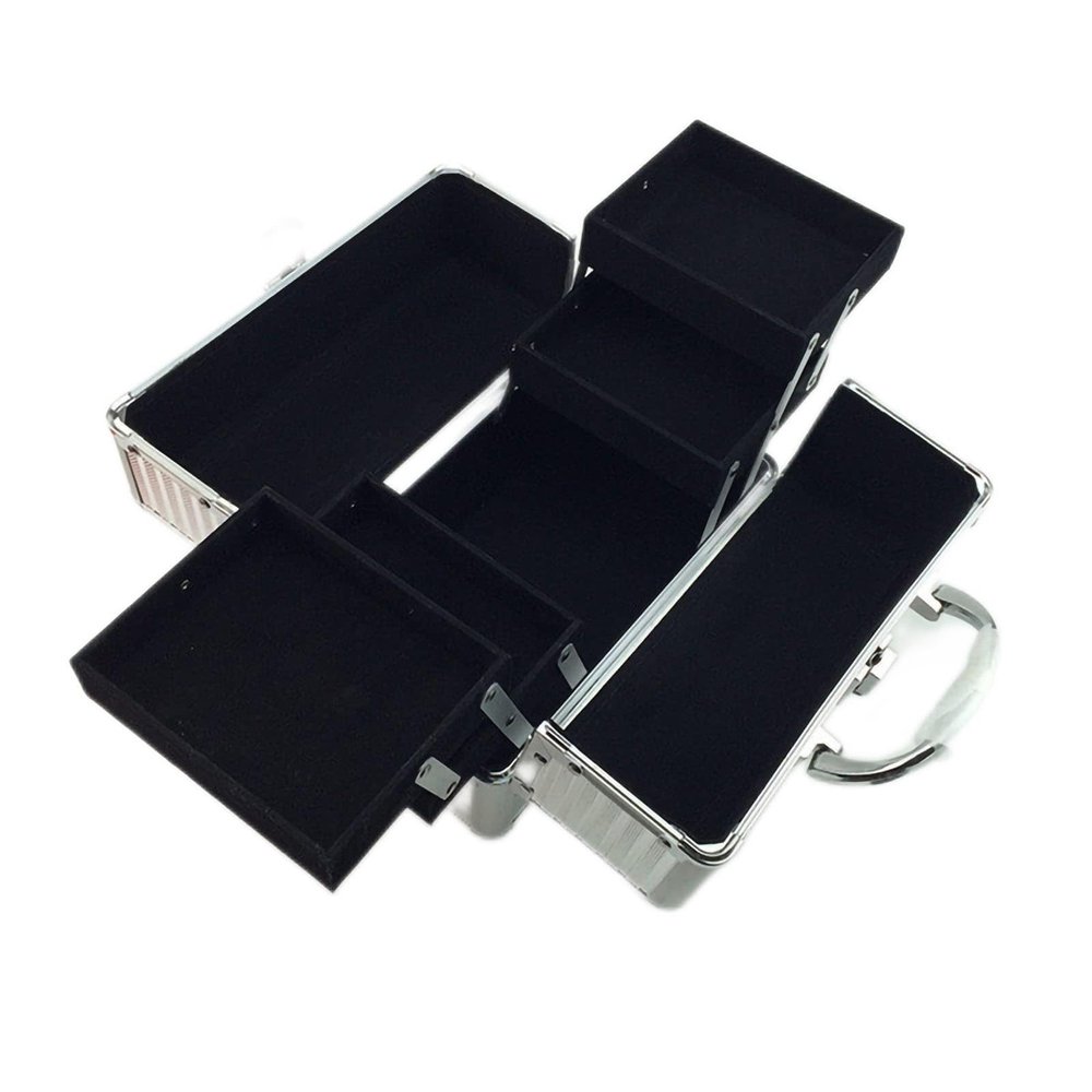 Large Makeup Case with High Capacity Storage with Lockable for Home Salon, Makeup Tools Traveling Makeup Case 25x17x17cm (Silver Strip Black Bottom)
