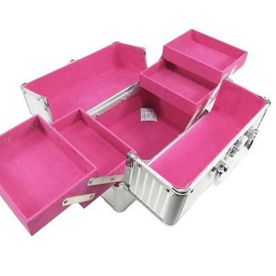 Dioche Large Makeup Case with High Capacity Storage with Lockable for Home Salon, Makeup Tools Traveling Makeup Case 25x17x17cm (Silver Strip Red Bottom)